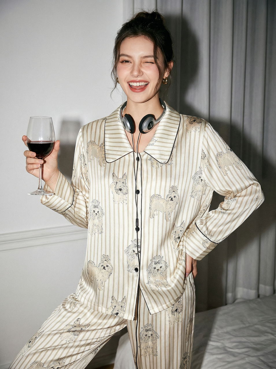【Madrid | Charcoal Grey】Silken Dreams - Women's Pajama Set - Long Sleeve Long Pants