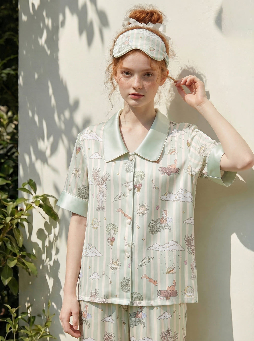 【Dream Traveler | Deer Song in the Clouds】Silken Dreams-Women's Pajama Set Short Sleeve Long Pants