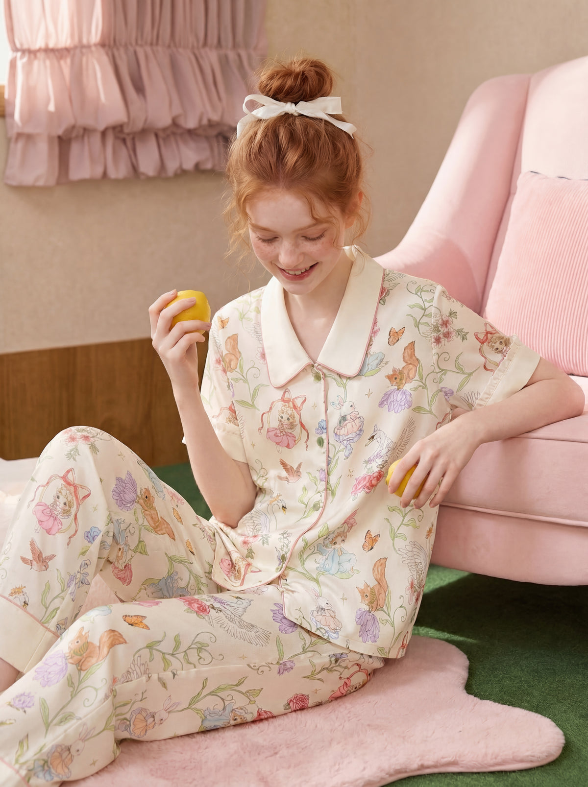【Spring Whispers | Floral Shadows】Silken Dreams-Women's Pajama Set Short Sleeve Long Pants