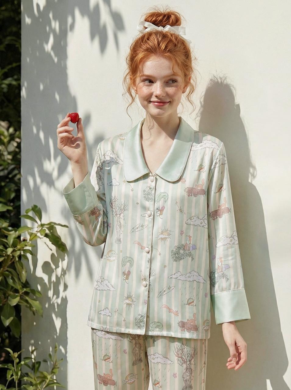 【Dream Traveler | Deer Song in the Clouds】Silken Dreams - Women's Pajama Set - Long Sleeve Long Pants