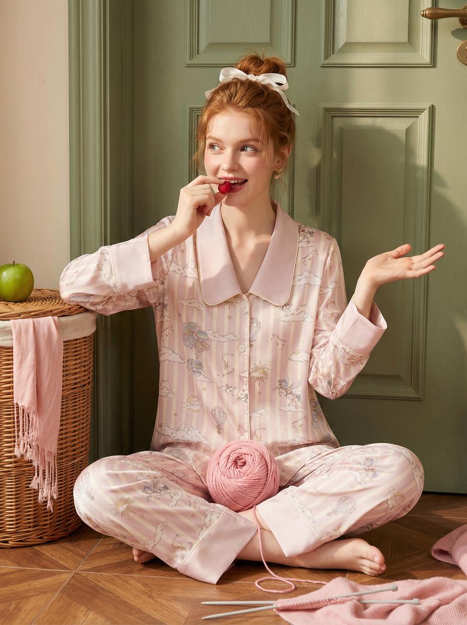 【Dream Traveler | Elephant in the Clouds】Silken Dreams - Women's Pajama Set - Long Sleeve Long Pants