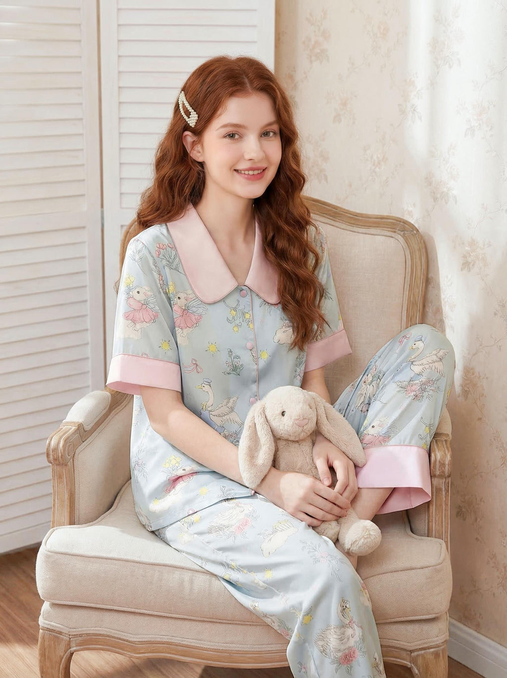 【Summer Oxygen | Daydream Blue】Silken Dreams-Women's Pajama Set Short Sleeve Long Pants