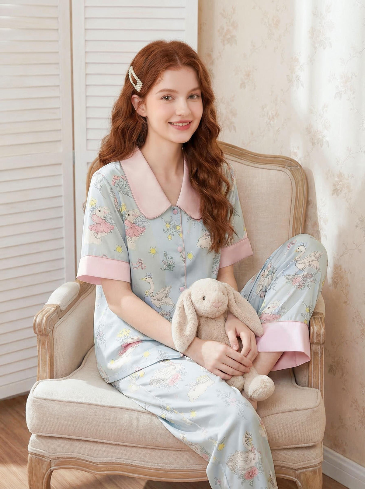 【Summer Oxygen | Daydream Blue】Silken Dreams-Women's Pajama Set Short Sleeve Long Pants