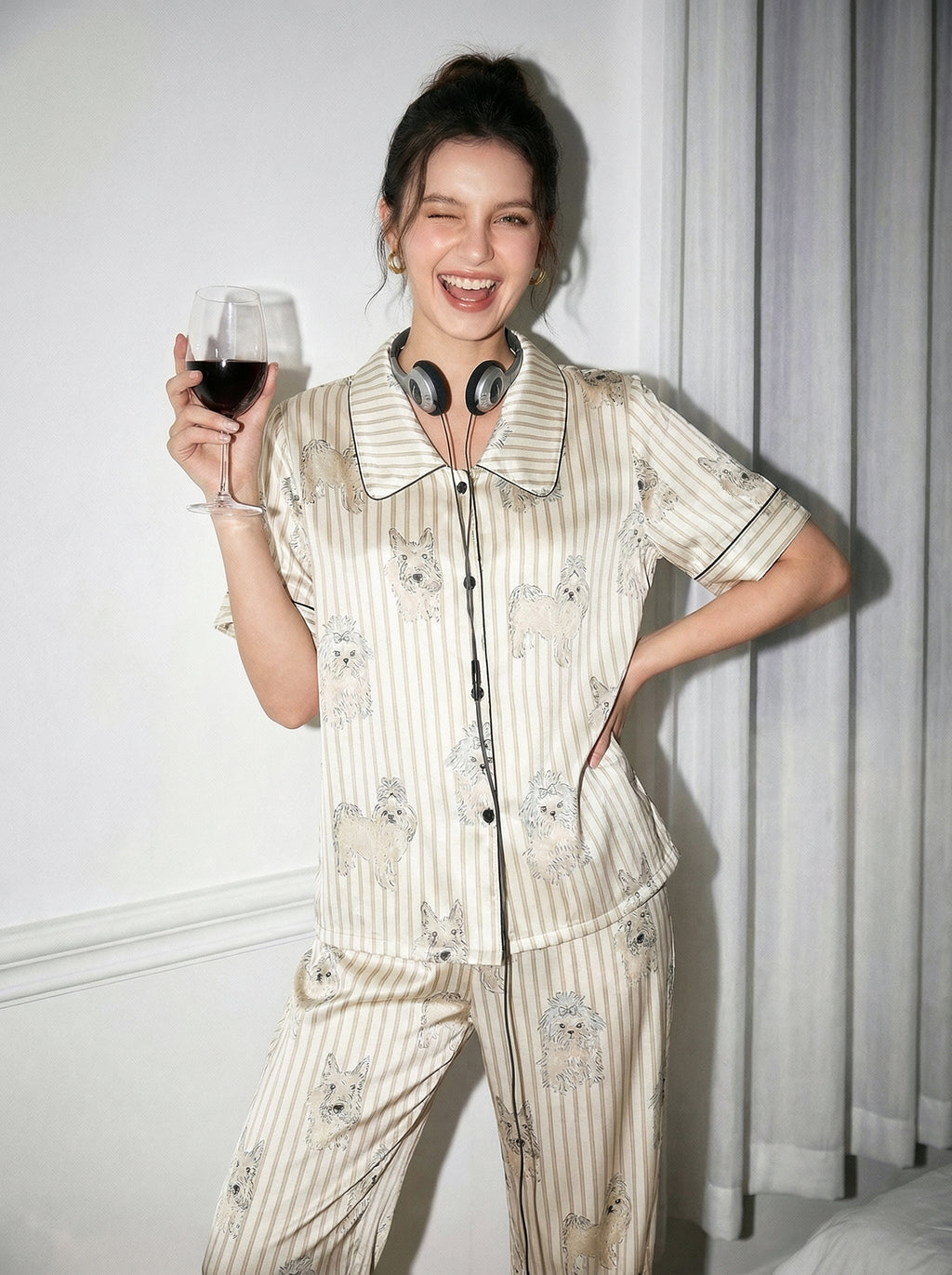 【Madrid | Charcoal Grey】Silken Dreams-Women's Pajama Set Short Sleeve Long Pants