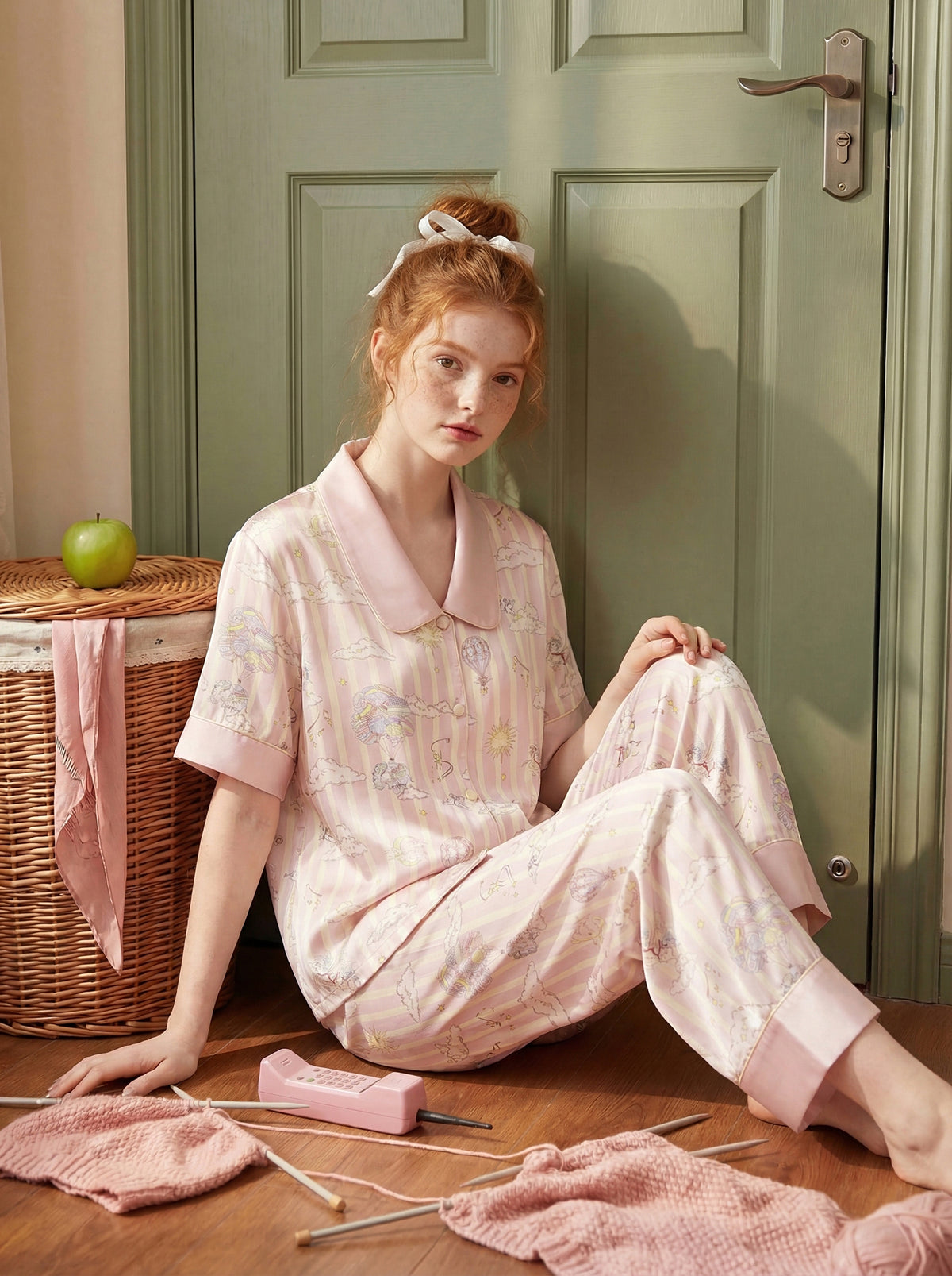 【Dream Traveler | Elephant in the Clouds】Silken Dreams-Women's Pajama Set Short Sleeve Long Pants