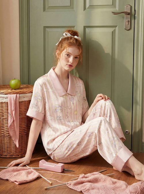 【Dream Traveler | Elephant in the Clouds】Silken Dreams-Women's Pajama Set Short Sleeve Long Pants