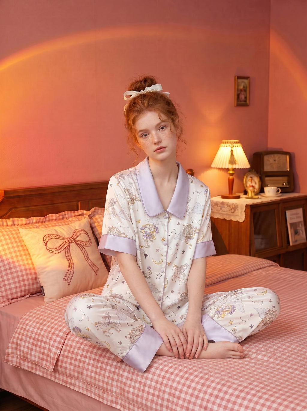 【Versailles Luxe | Starlit Cloud Bay】Silken Dreams-Women's Pajama Set Short Sleeve Long Pants