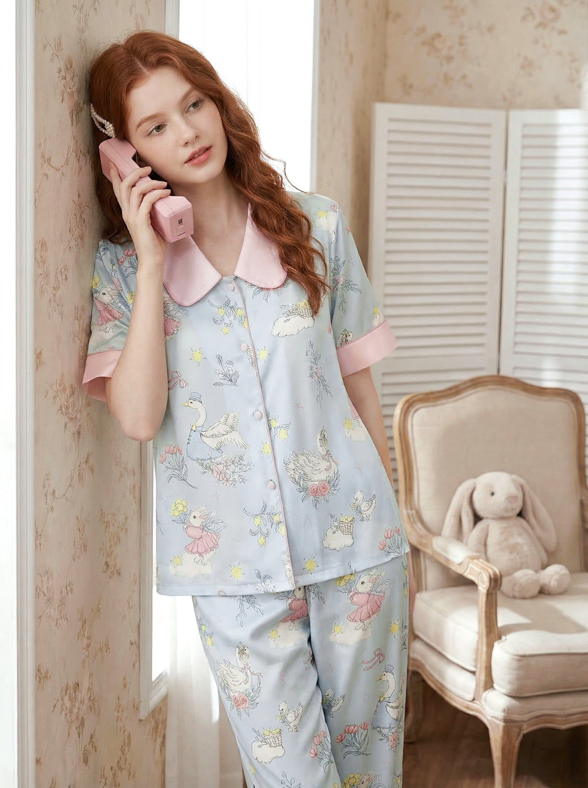 【Summer Oxygen | Daydream Blue】Silken Dreams-Women's Pajama Set Short Sleeve Long Pants