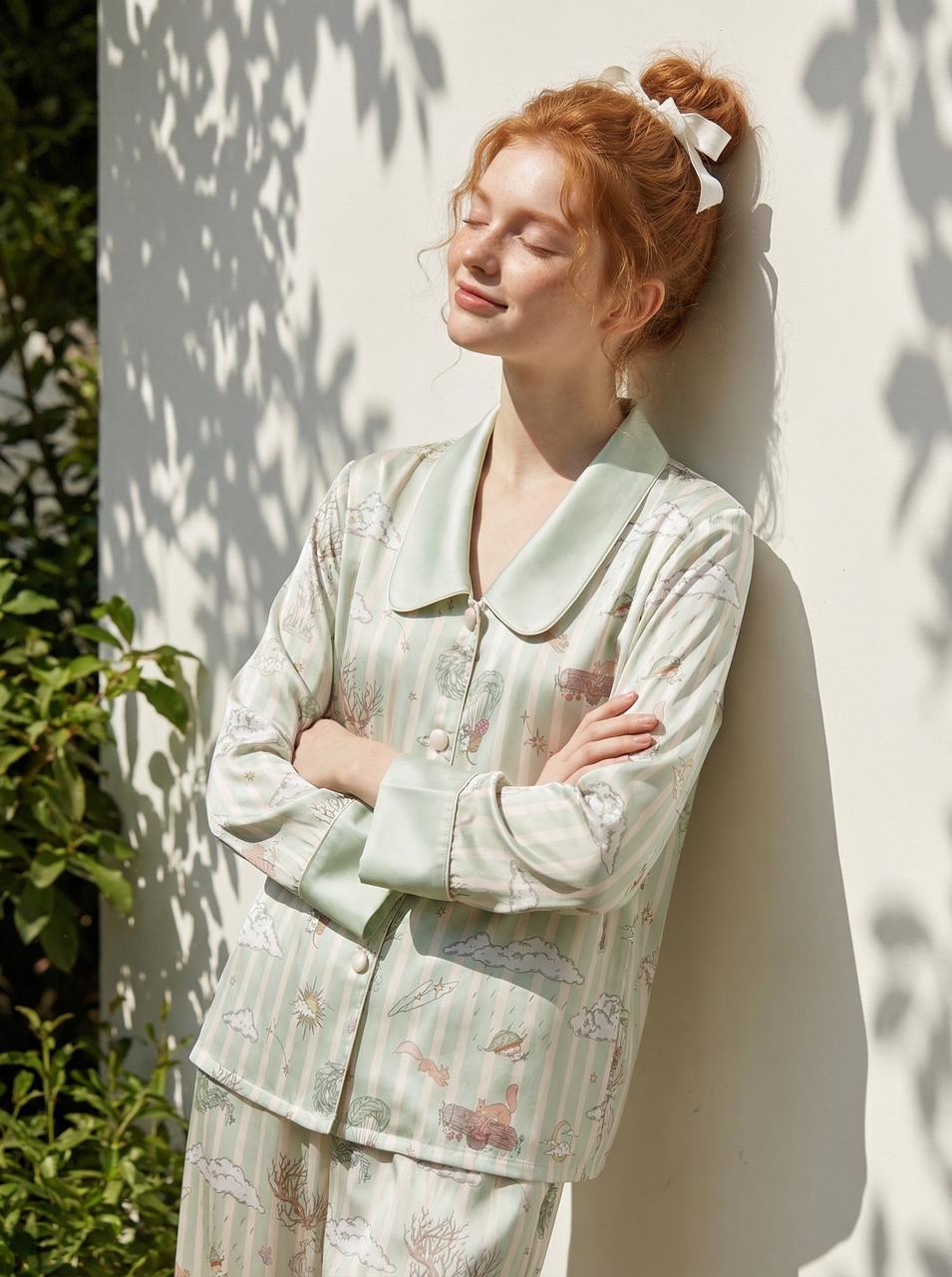 【Dream Traveler | Deer Song in the Clouds】Silken Dreams - Women's Pajama Set - Long Sleeve Long Pants