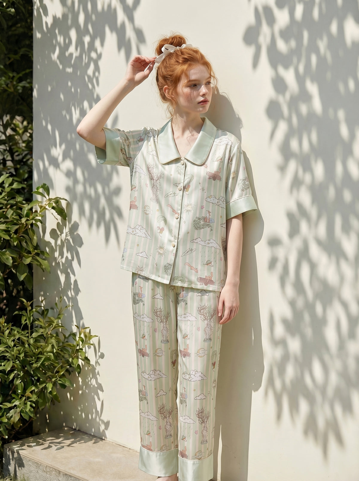 【Dream Traveler | Deer Song in the Clouds】Silken Dreams-Women's Pajama Set Short Sleeve Long Pants