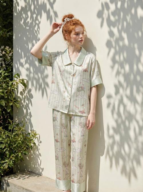 【Dream Traveler | Deer Song in the Clouds】Silken Dreams-Women's Pajama Set Short Sleeve Long Pants