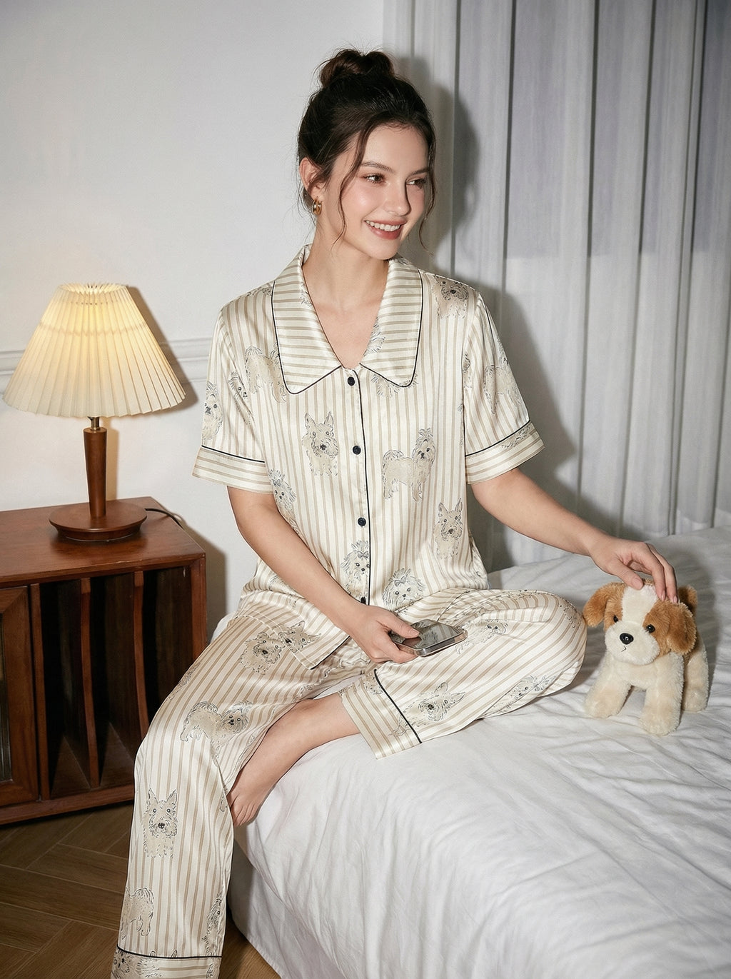 【Madrid | Charcoal Grey】Silken Dreams-Women's Pajama Set Short Sleeve Long Pants