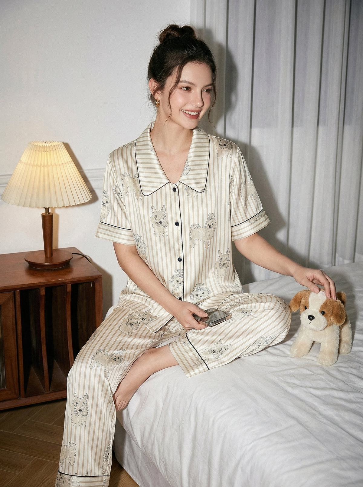 【Madrid | Charcoal Grey】Silken Dreams-Women's Pajama Set Short Sleeve Long Pants