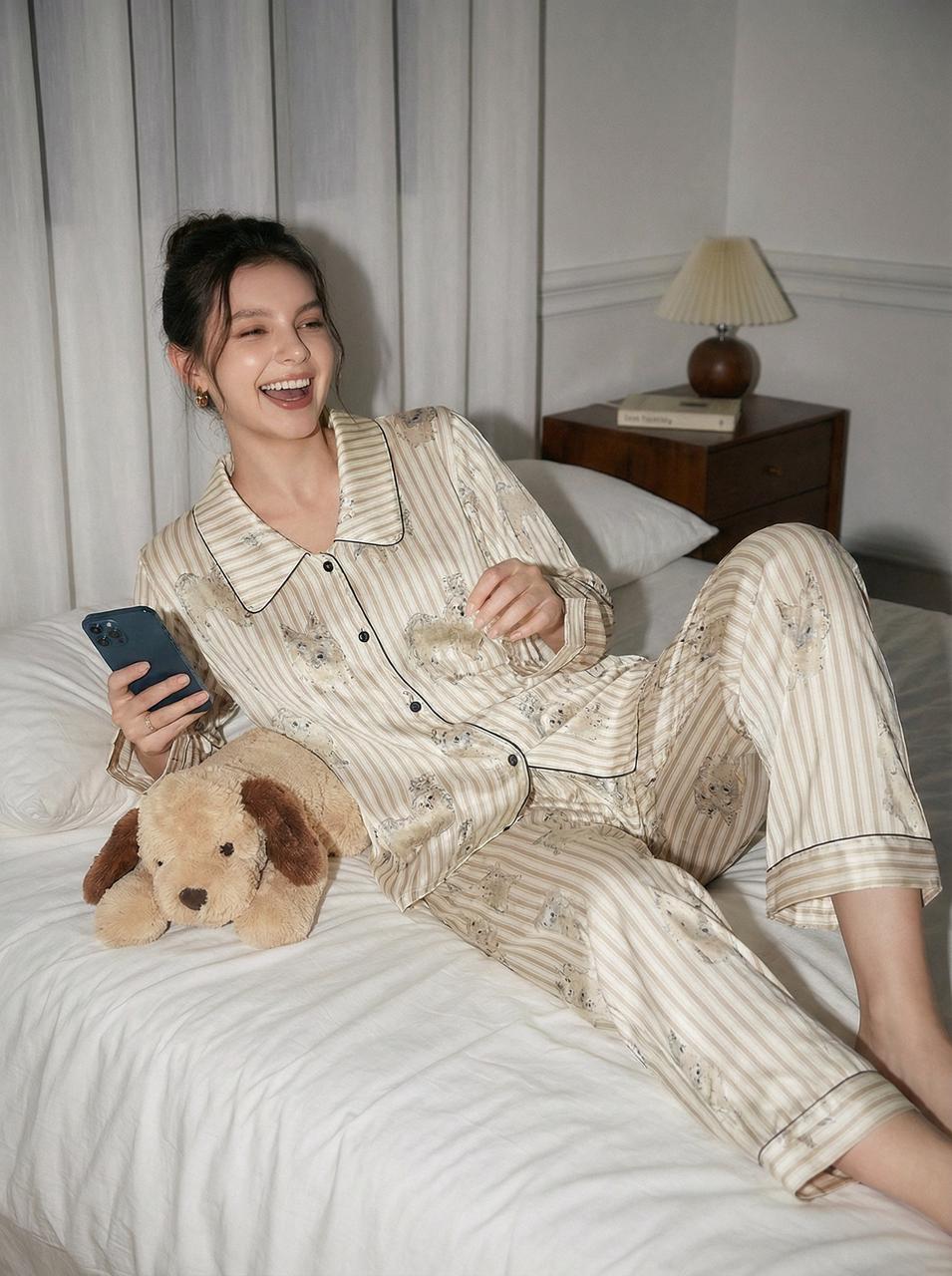 【Madrid | Charcoal Grey】Silken Dreams - Women's Pajama Set - Long Sleeve Long Pants