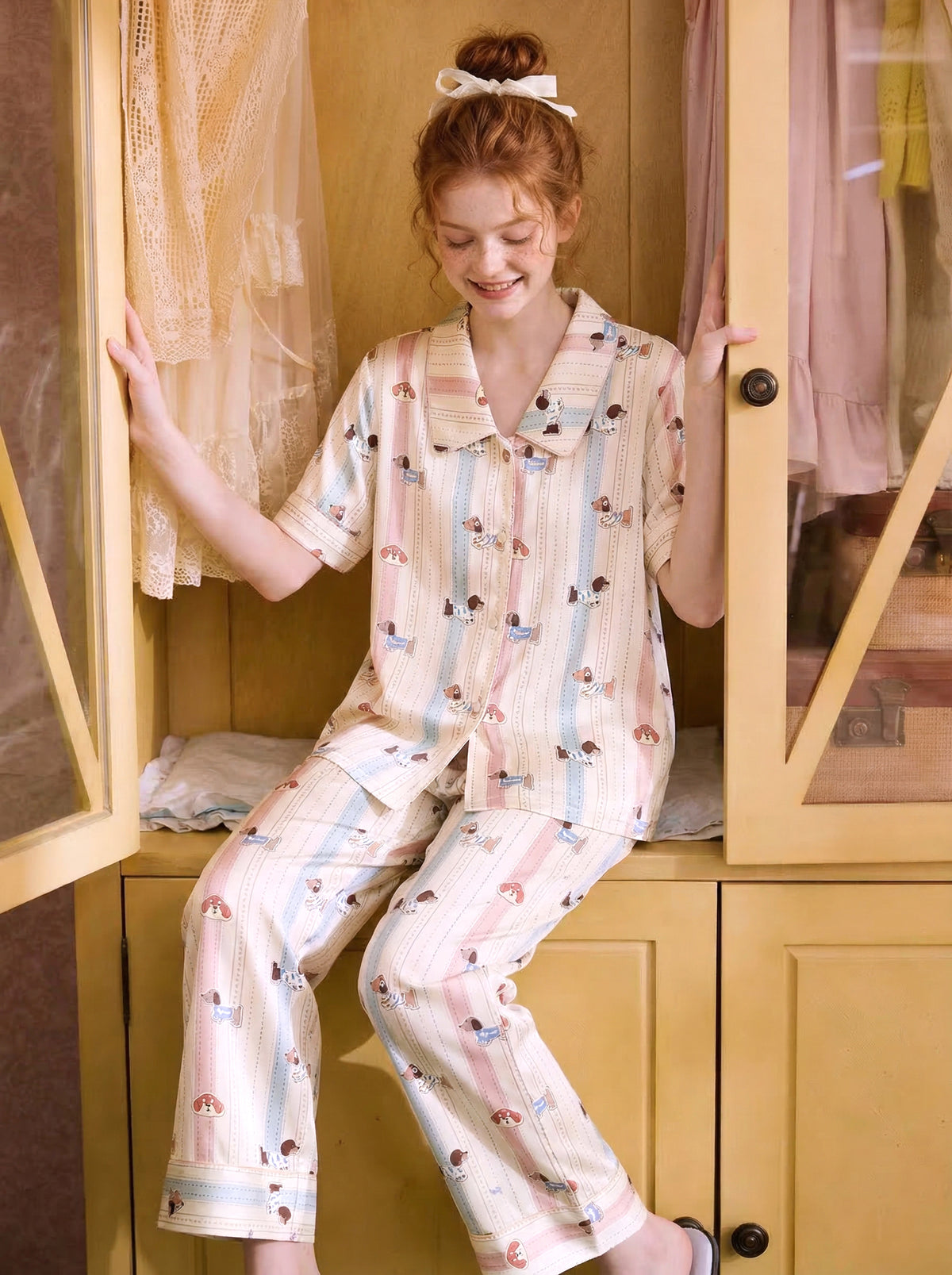 【Line Puppy | Sweet Home Diary】Silken Dreams-Women's Pajama Set Short Sleeve Long Pants
