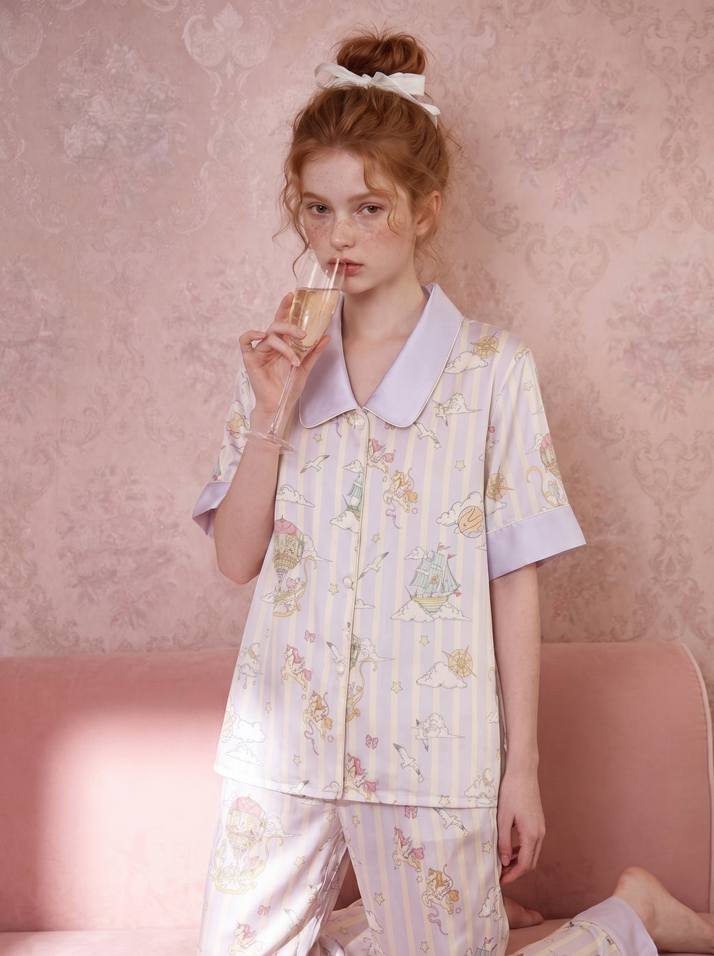 【Enchanted Dream | Pegasus Flight】Silken Dreams-Women's Pajama Set Short Sleeve Long Pants