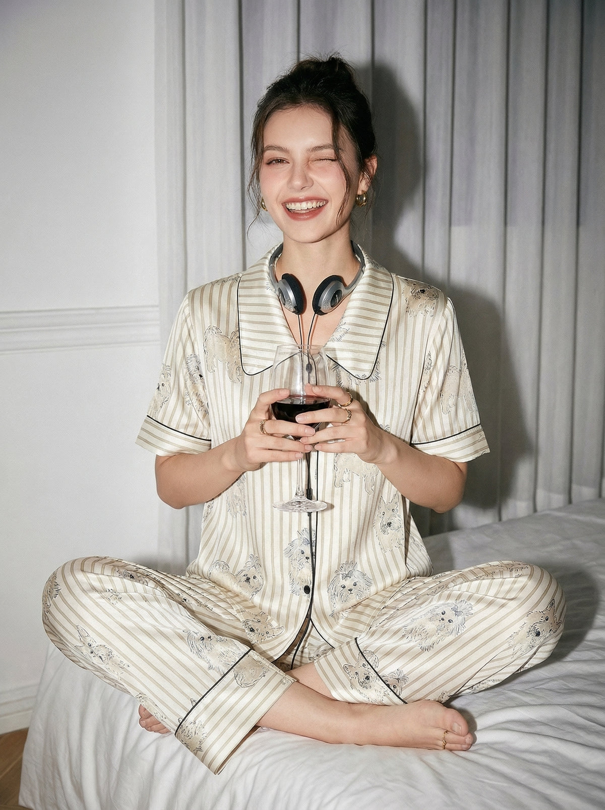 【Madrid | Charcoal Grey】Silken Dreams-Women's Pajama Set Short Sleeve Long Pants