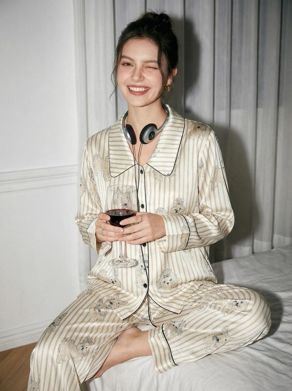 【Madrid | Charcoal Grey】Silken Dreams - Women's Pajama Set - Long Sleeve Long Pants