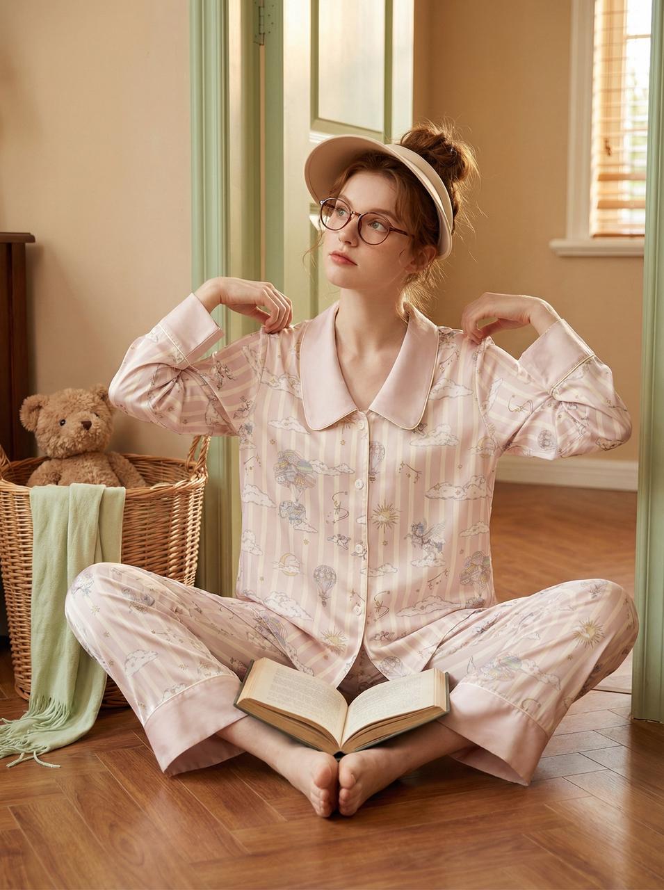 【Dream Traveler | Elephant in the Clouds】Silken Dreams - Women's Pajama Set - Long Sleeve Long Pants