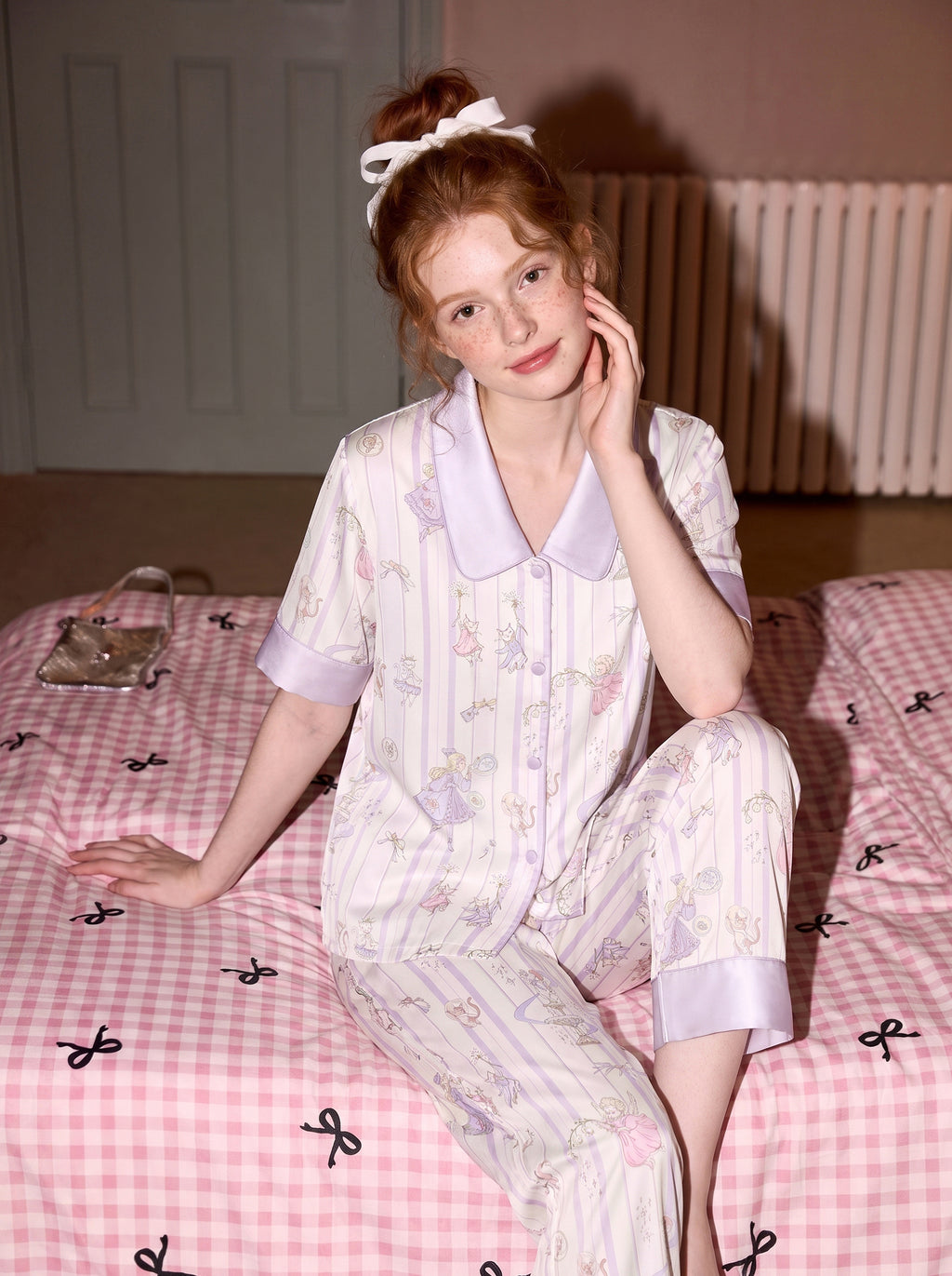 【Lily of the Valley Chronicles | Purple Taro Mist】Silken Dreams-Women's Pajama Set Short Sleeve Long Pants