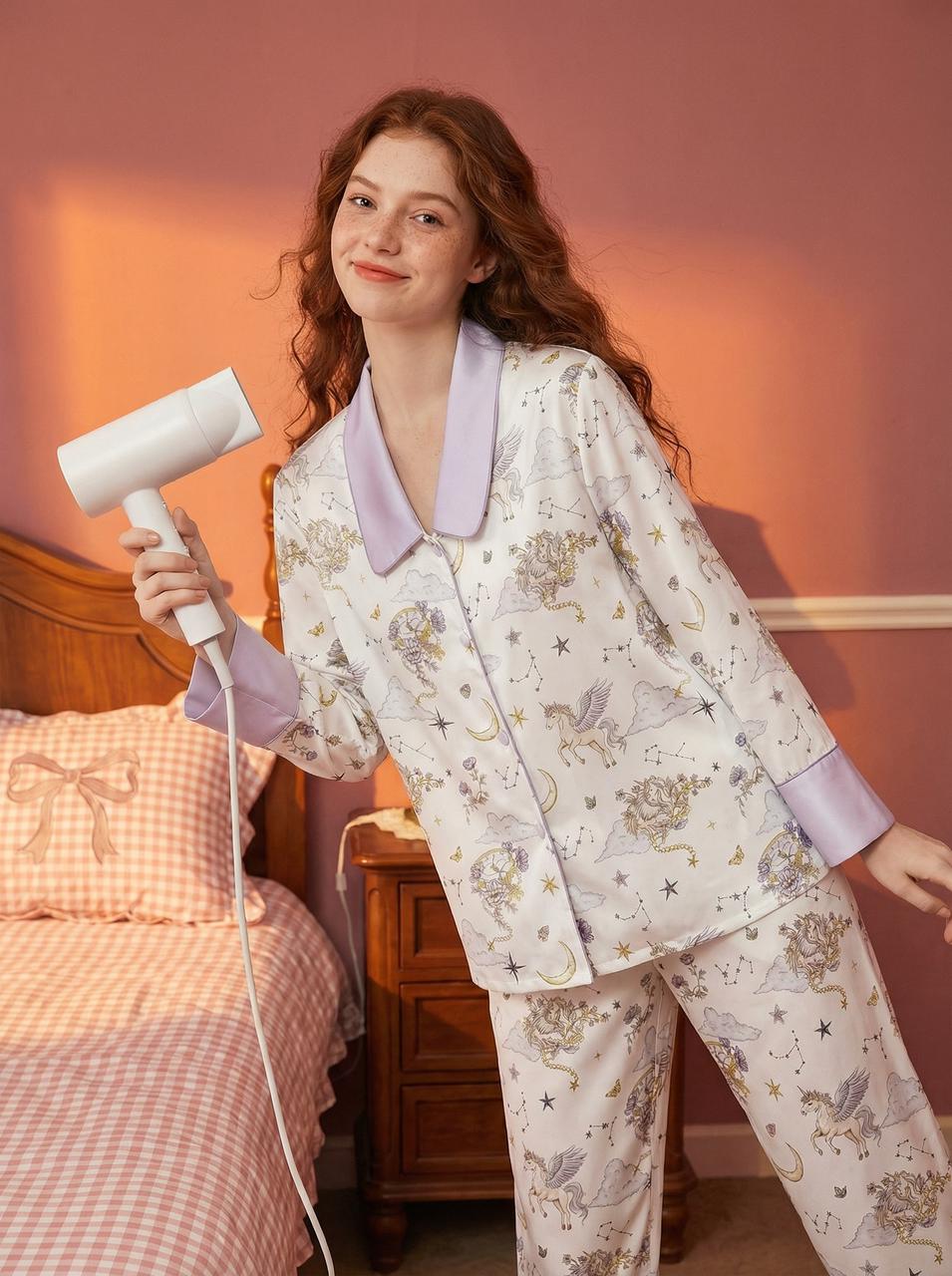 【Versailles Luxe | Starlit Cloud Bay】Silken Dreams - Women's Pajama Set - Long Sleeve Long Pants