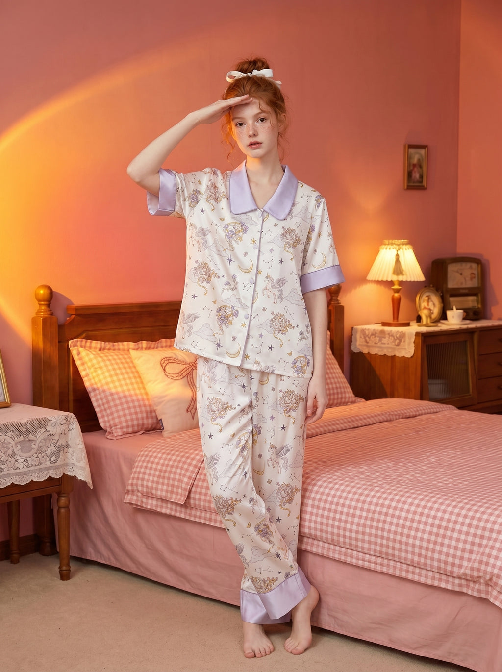 【Versailles Luxe | Starlit Cloud Bay】Silken Dreams-Women's Pajama Set Short Sleeve Long Pants