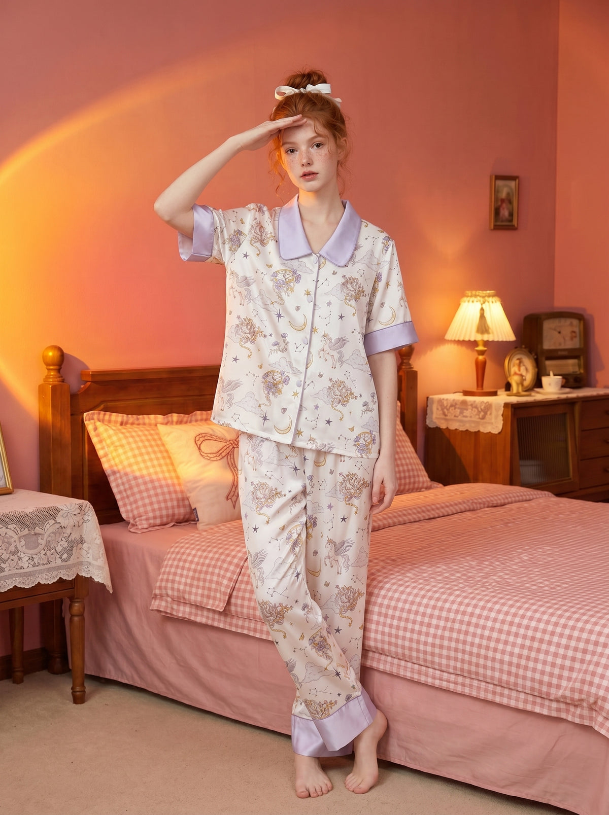 【Versailles Luxe | Starlit Cloud Bay】Silken Dreams-Women's Pajama Set Short Sleeve Long Pants