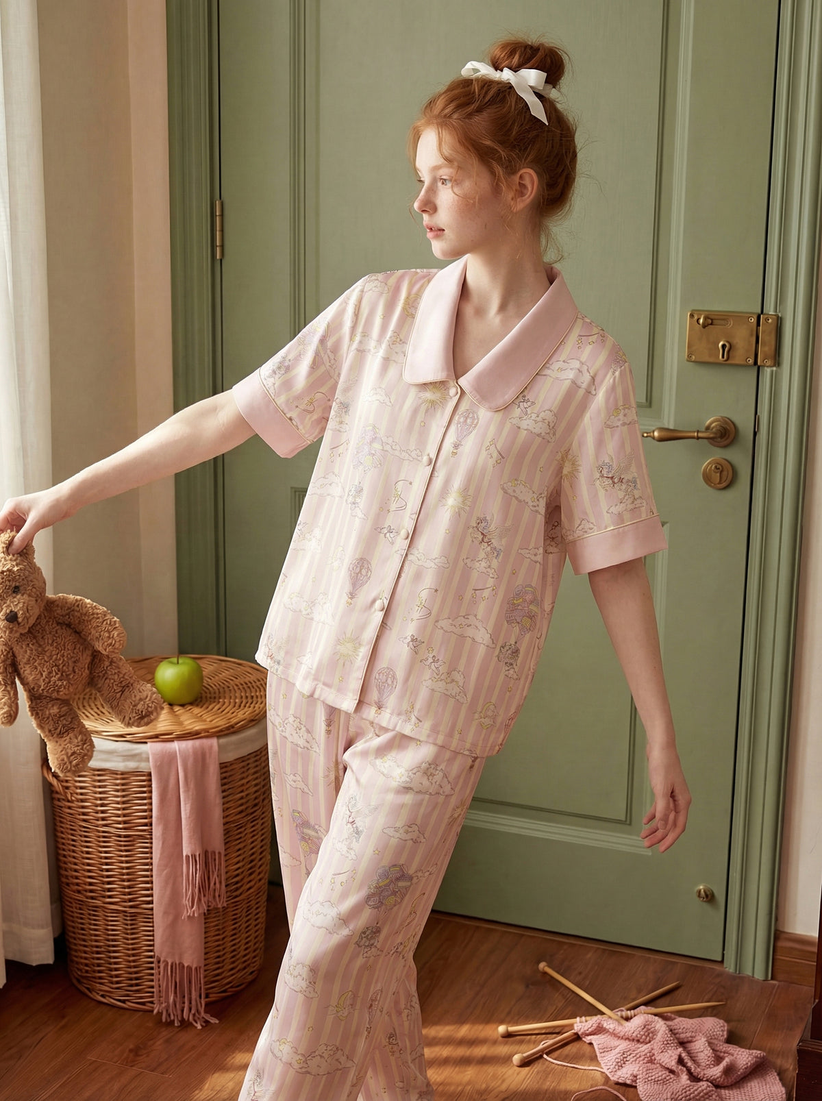 【Dream Traveler | Elephant in the Clouds】Silken Dreams-Women's Pajama Set Short Sleeve Long Pants