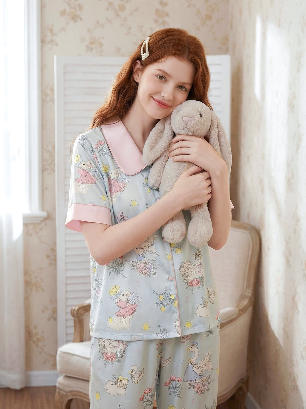 【Summer Oxygen | Daydream Blue】Silken Dreams-Women's Pajama Set Short Sleeve Long Pants