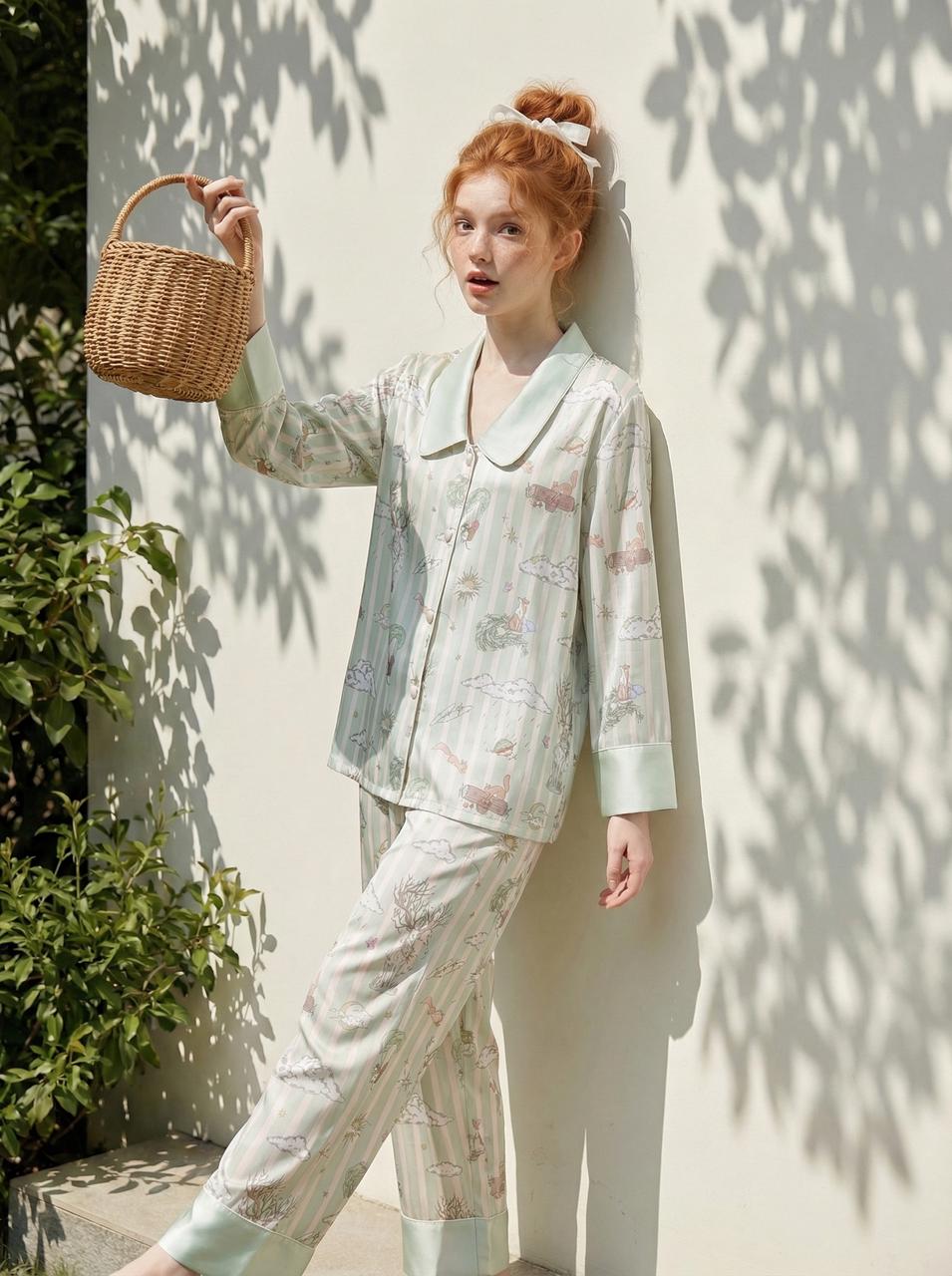 【Dream Traveler | Deer Song in the Clouds】Silken Dreams - Women's Pajama Set - Long Sleeve Long Pants