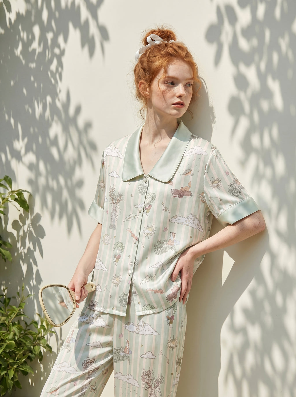 【Dream Traveler | Deer Song in the Clouds】Silken Dreams-Women's Pajama Set Short Sleeve Long Pants