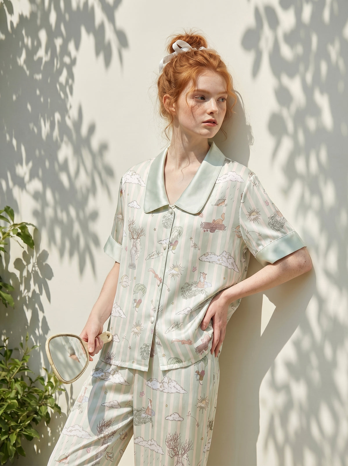 【Dream Traveler | Deer Song in the Clouds】Silken Dreams-Women's Pajama Set Short Sleeve Long Pants