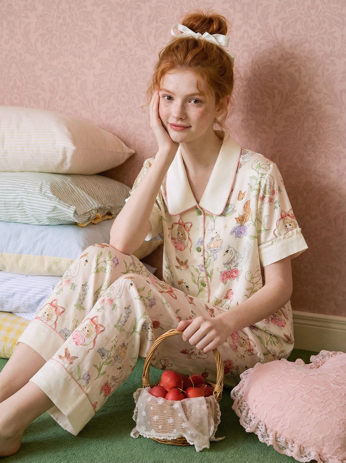 【Spring Whispers | Floral Shadows】Silken Dreams-Women's Pajama Set Short Sleeve Long Pants