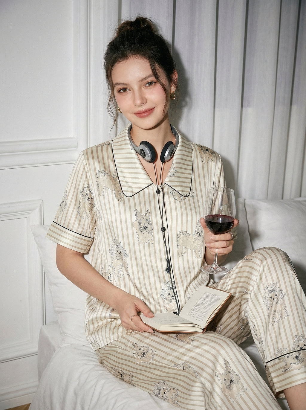 【Madrid | Charcoal Grey】Silken Dreams-Women's Pajama Set Short Sleeve Long Pants