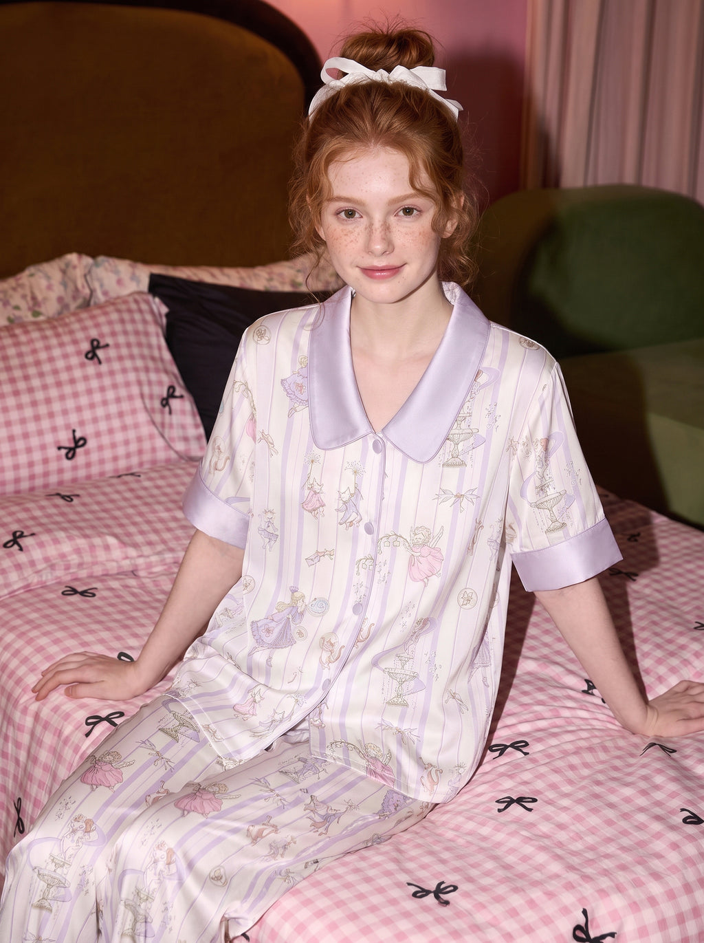 【Lily of the Valley Chronicles | Purple Taro Mist】Silken Dreams-Women's Pajama Set Short Sleeve Long Pants