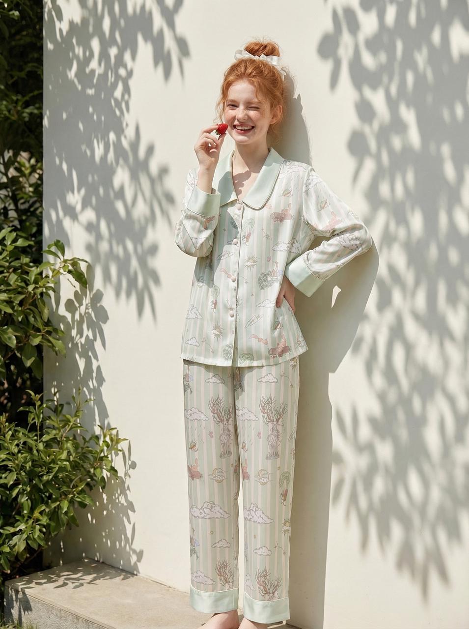 【Dream Traveler | Deer Song in the Clouds】Silken Dreams - Women's Pajama Set - Long Sleeve Long Pants