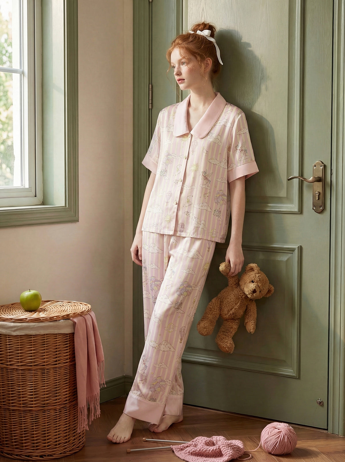 【Dream Traveler | Elephant in the Clouds】Silken Dreams-Women's Pajama Set Short Sleeve Long Pants