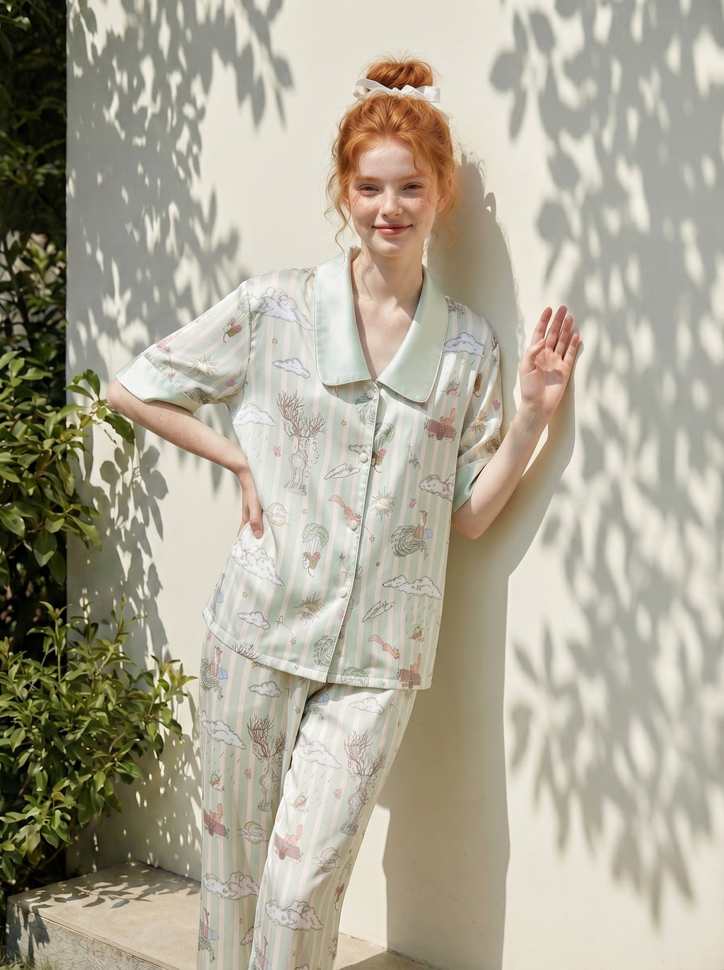 【Dream Traveler | Deer Song in the Clouds】Silken Dreams-Women's Pajama Set Short Sleeve Long Pants