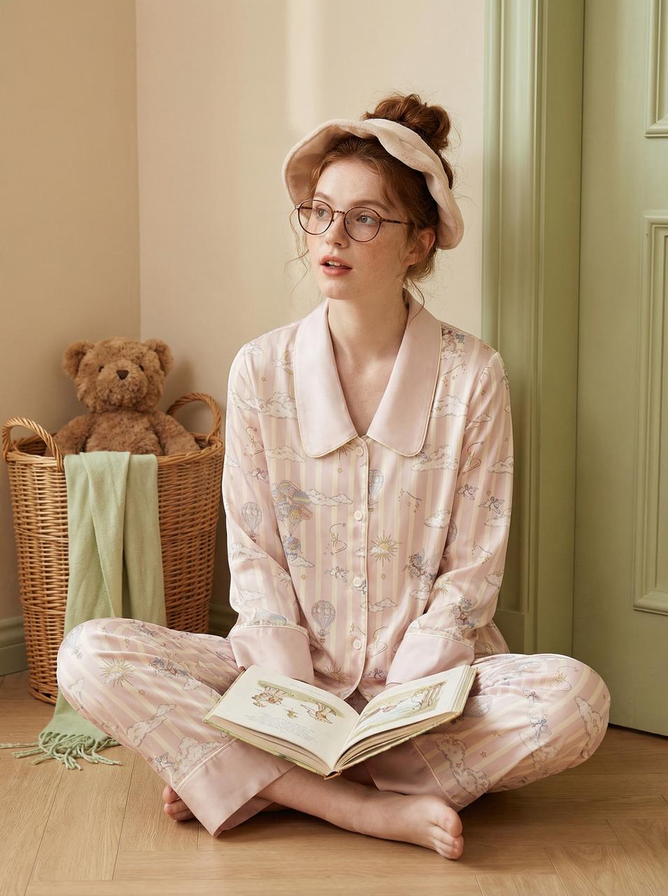 【Dream Traveler | Elephant in the Clouds】Silken Dreams - Women's Pajama Set - Long Sleeve Long Pants