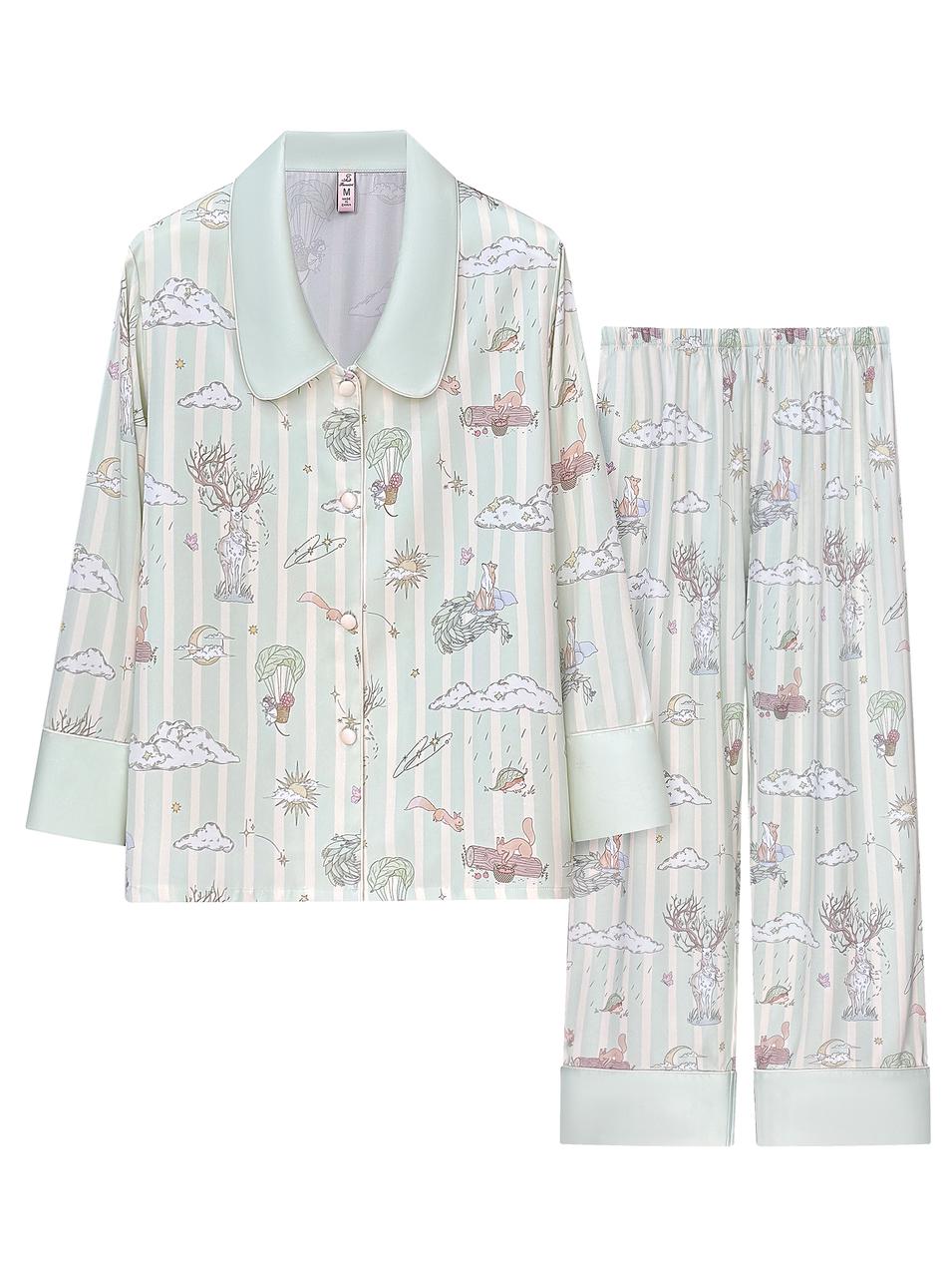【Dream Traveler | Deer Song in the Clouds】Silken Dreams - Women's Pajama Set - Long Sleeve Long Pants