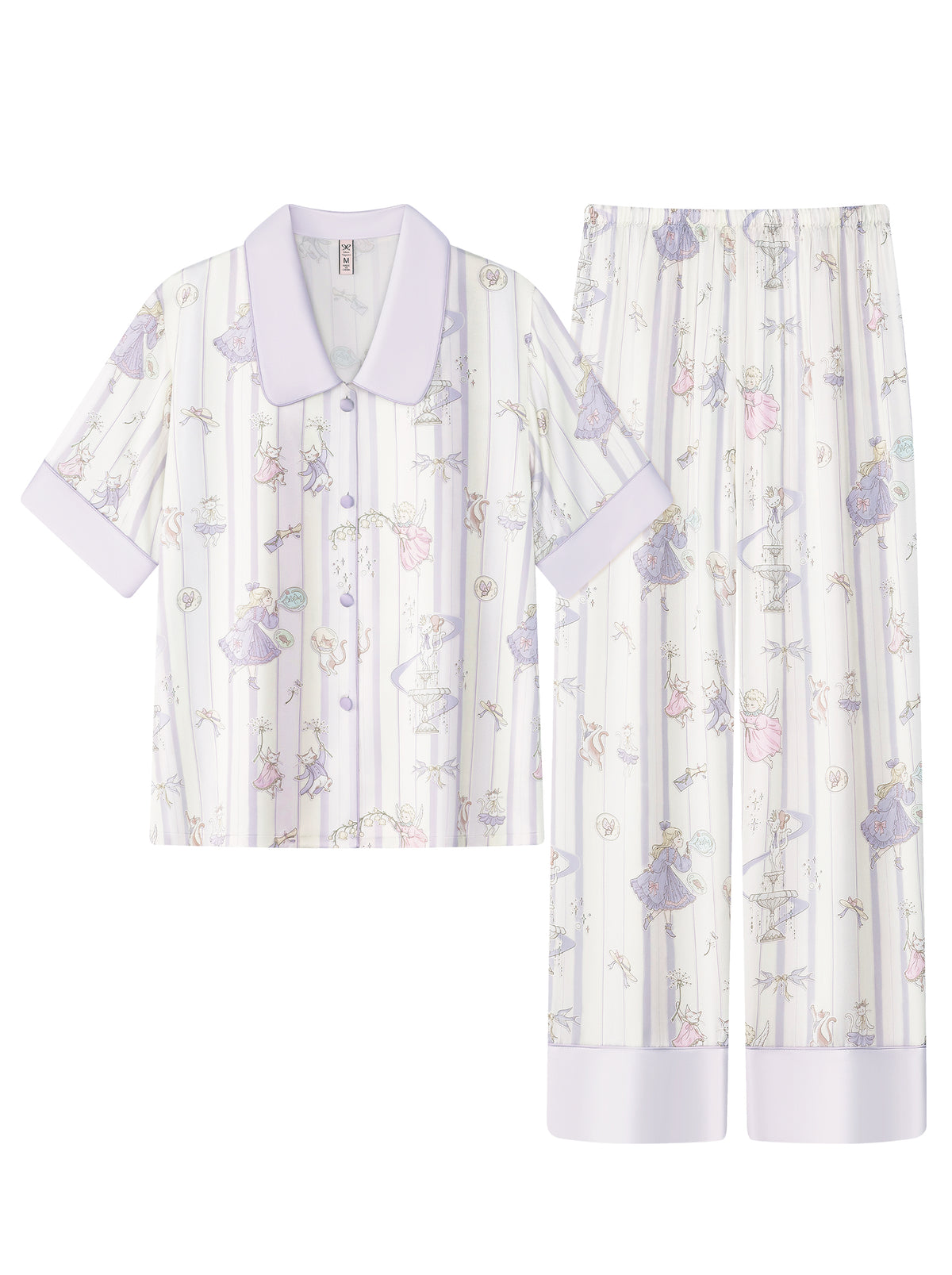 【Lily of the Valley Chronicles | Purple Taro Mist】Silken Dreams-Women's Pajama Set Short Sleeve Long Pants