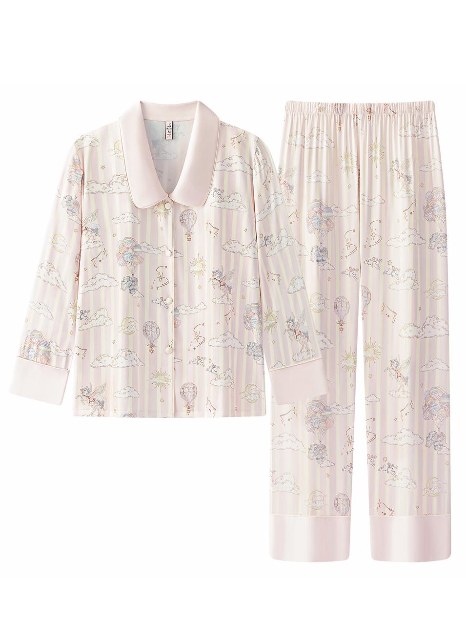 【Dream Traveler | Elephant in the Clouds】Silken Dreams - Women's Pajama Set - Long Sleeve Long Pants