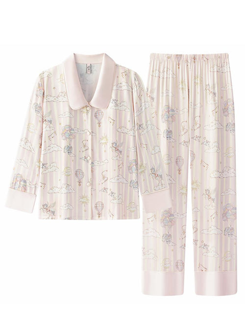 【Dream Traveler | Elephant in the Clouds】Silken Dreams - Women's Pajama Set - Long Sleeve Long Pants