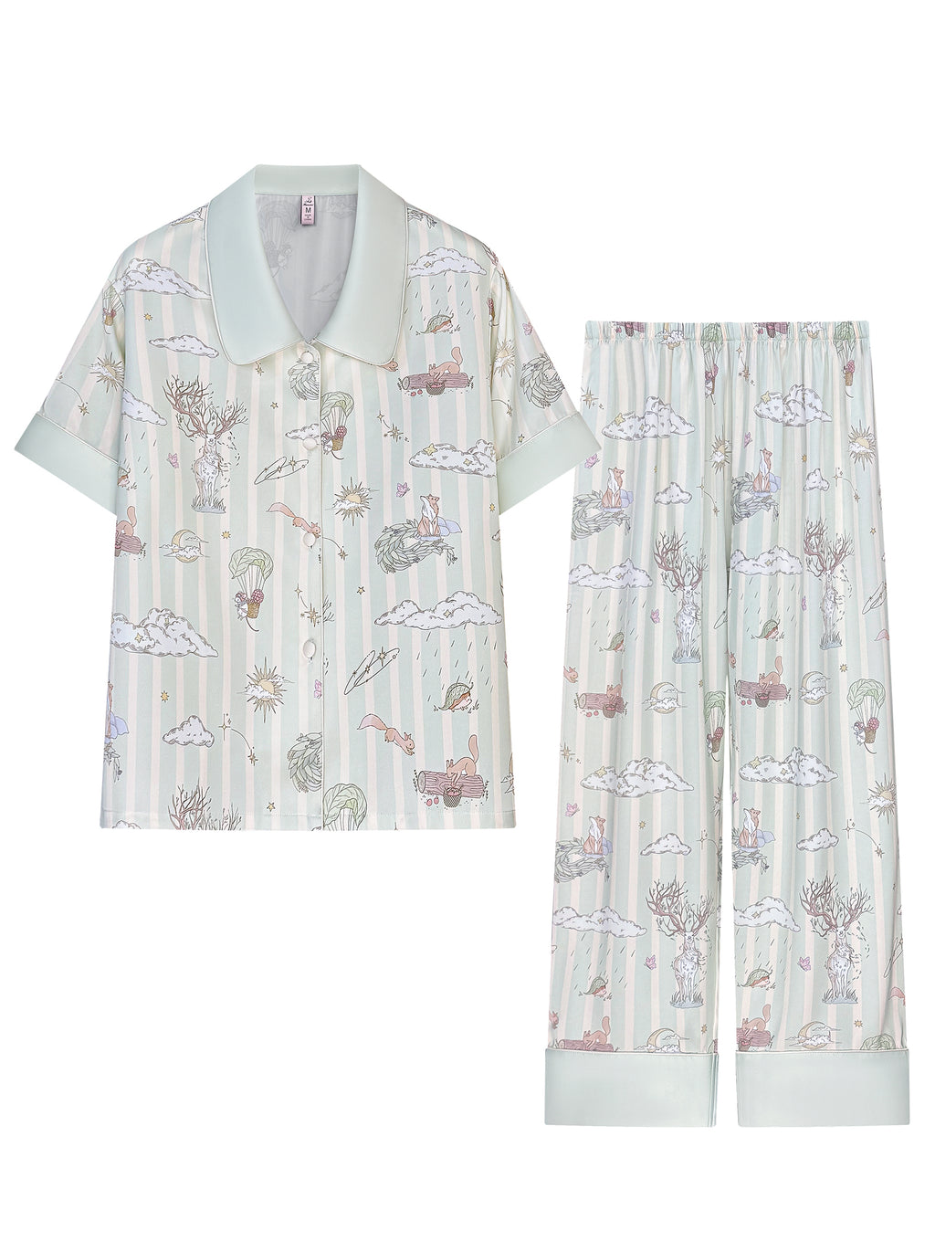 【Dream Traveler | Deer Song in the Clouds】Silken Dreams-Women's Pajama Set Short Sleeve Long Pants