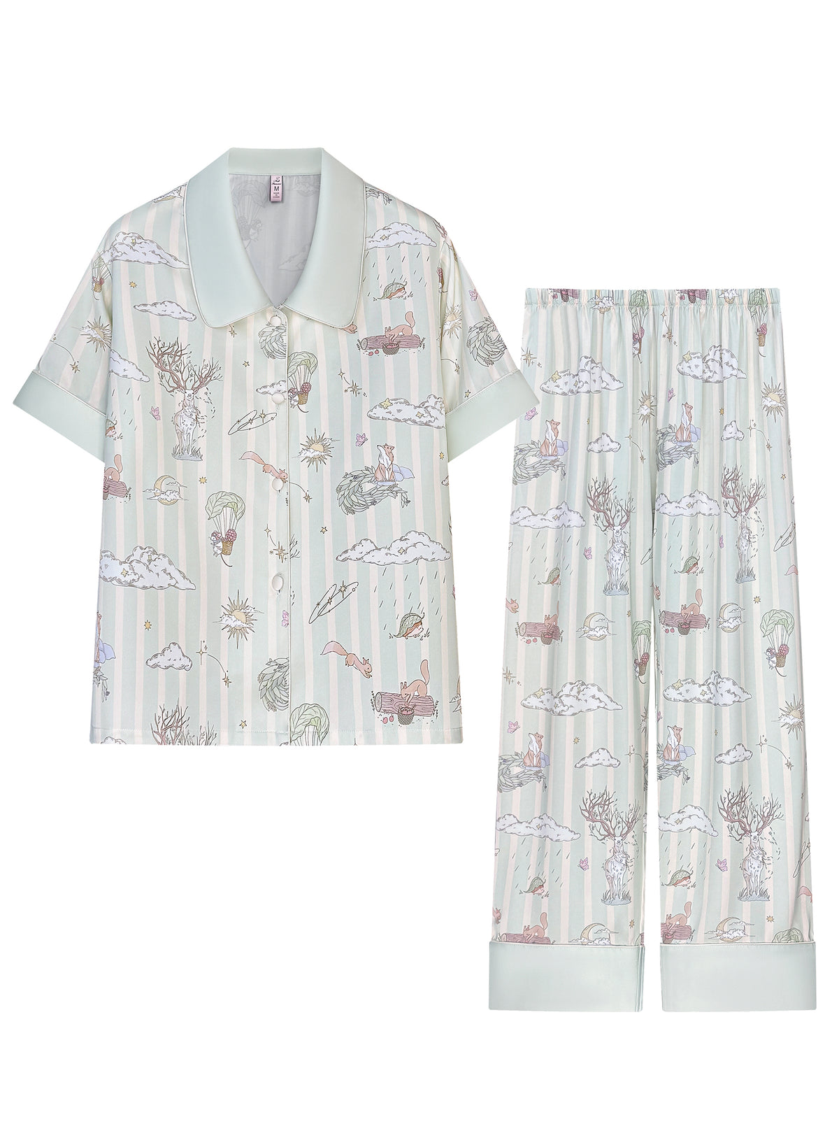 【Dream Traveler | Deer Song in the Clouds】Silken Dreams-Women's Pajama Set Short Sleeve Long Pants