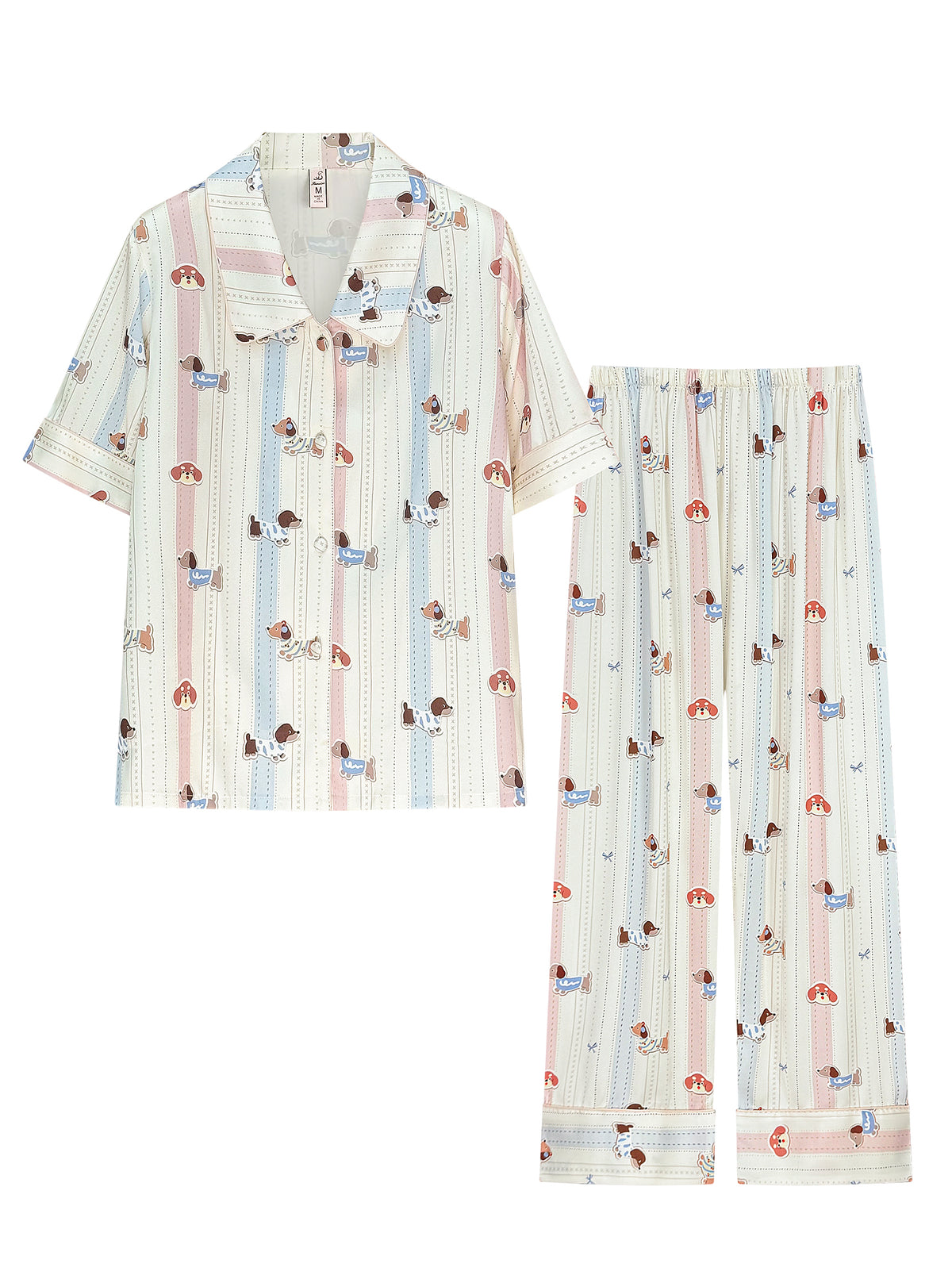 【Line Puppy | Sweet Home Diary】Silken Dreams-Women's Pajama Set Short Sleeve Long Pants